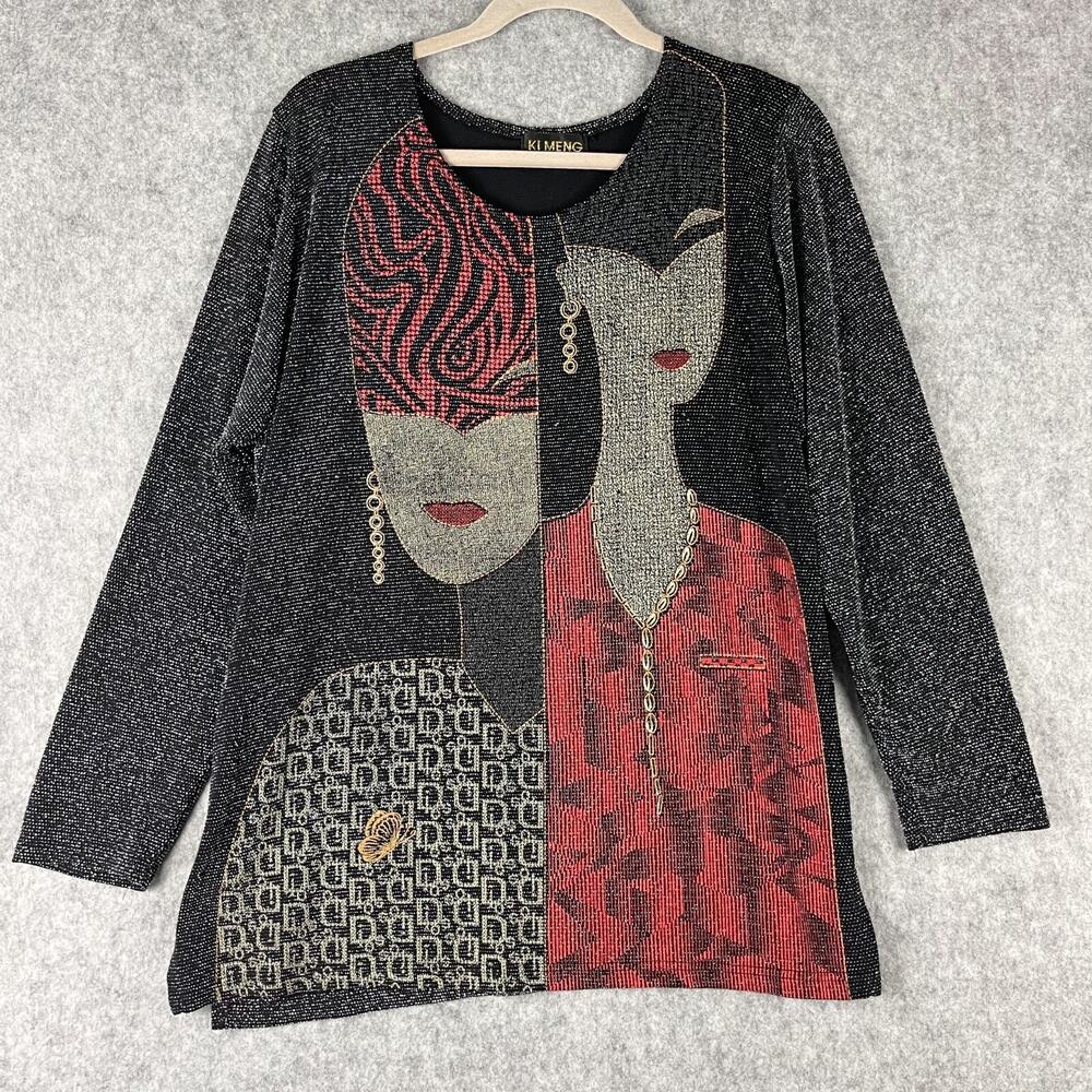 VTG Ki Meng Tunic Top Womens Large Metallic Glitter Stretch Knit 80s Deco Artsy